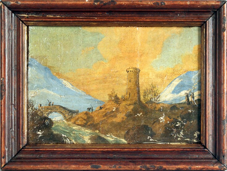 Paesaggio con torre, olio su tela, cm. 14,5x21,5, entro cornice., Alessio De Marchis (1684 - 1752)