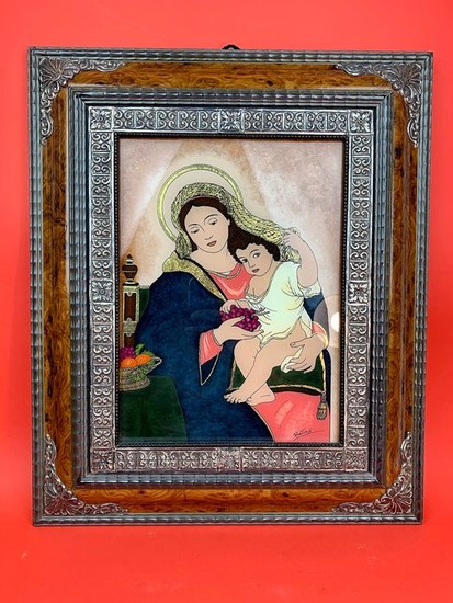 Painting under glass Madonna with Baby Jesus - Glass, Silver, Wood