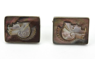 Pair Antique 800 Silver & Abalone Cameo Cuff Links