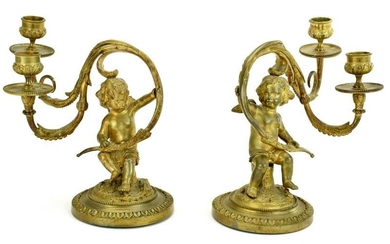 Pair Antique Dore Bronze Lous XV Cupids Candelabras.
