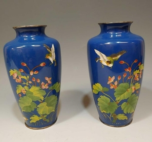Pair Blue Japanese Ginbari Cloisonne Vases