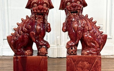 Pair Large Earthenware Ceramic Foo Lions