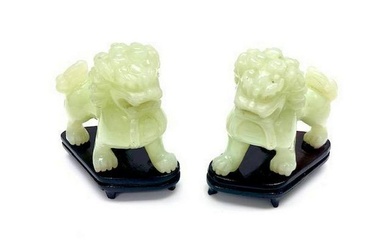 Pair Of Green Jace Foo Dogs With Wooden Stands