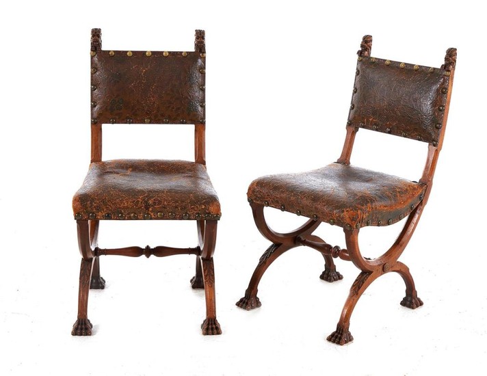 Pair Renaissance Revival leather-upholstered walnut side chairs (2pcs)