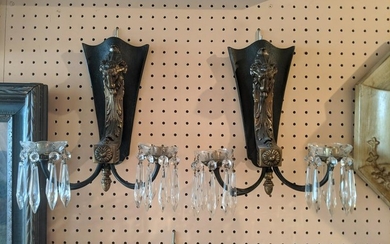 Pair Vintage Metal Ram's Head Hanging Crystal Wall