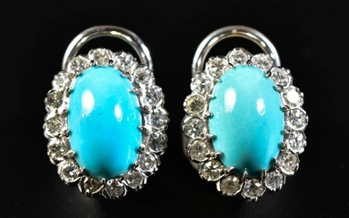 Pair of 14K Gold, Diamond and Turquoise Earrings