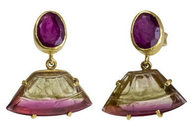 Pair of 24k Gold and 18K Yellow Gold Tourmaline Earrings.