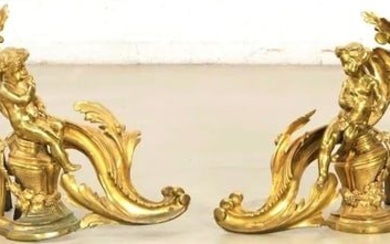 Pair of Antique 19th C. French Louis XV Style Gilt Bronze Putto Figural Fireplace Chenets