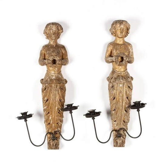 Pair of Antique Figural Carved Wood Sconces