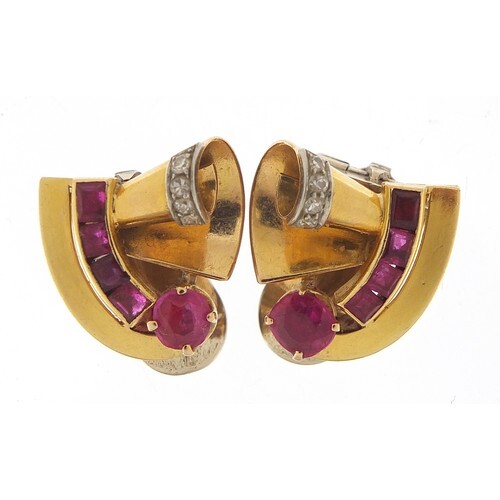 Pair of Art Deco unmarked gold ruby and diamond clip on earr...