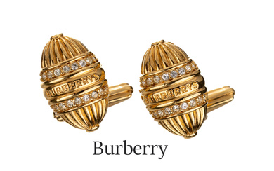 Pair of BURBERRY cufflinks , metal gilt, oval, checkered, small...