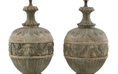 Pair of Carved and Painted Wooden Urn-Form Lamps