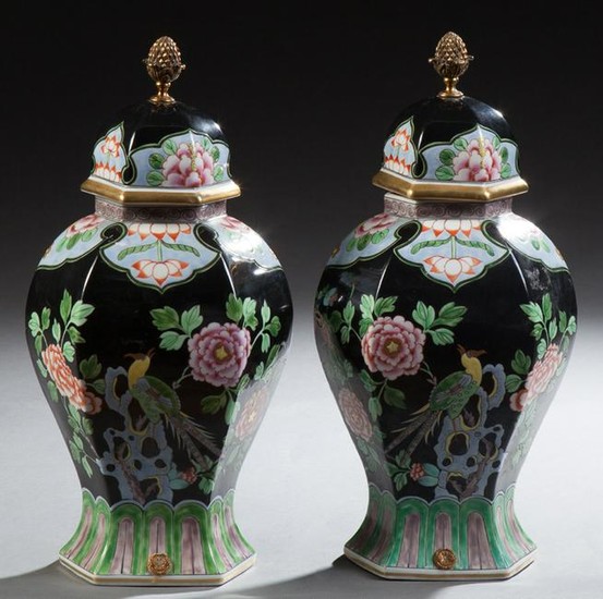Pair of Chinese Hexagonal Porcelain Baluster Covered
