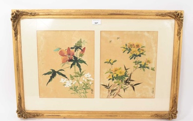 Pair of Chinese brush paintings in gilt frame