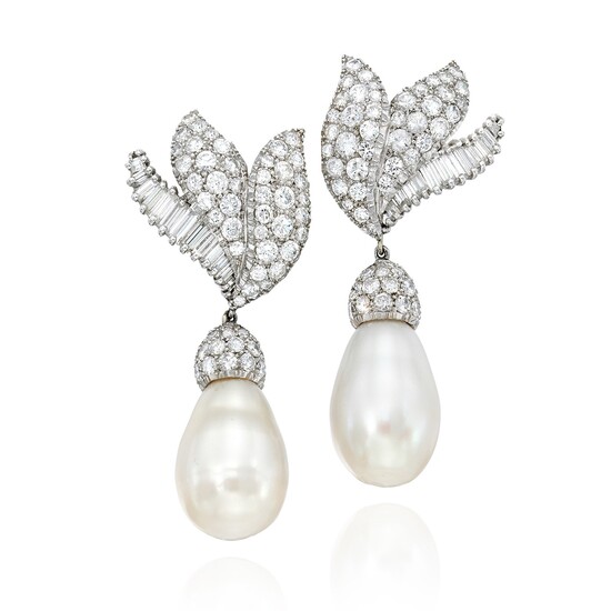 Pair of Diamond and South Sea Cultured Pearl Earrings