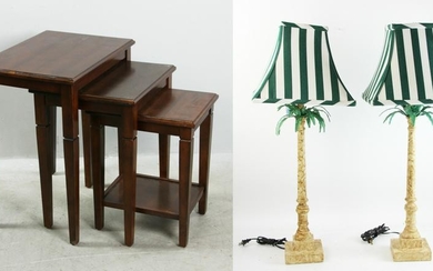 Pair of Faux Palm Tree Lamps w/ Nest of Tables