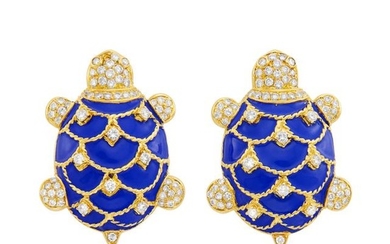 Pair of Gold, Blue Enamel and Diamond Turtle Cufflinks