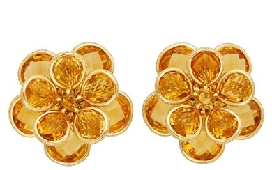Pair of Gold, Citrine and Diamond Flower Earrings