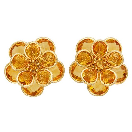Pair of Gold, Citrine and Diamond Flower Earrings