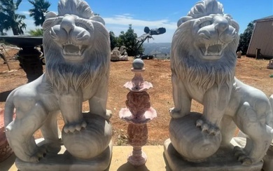 Pair of Life Size Marble Lions Sculpture