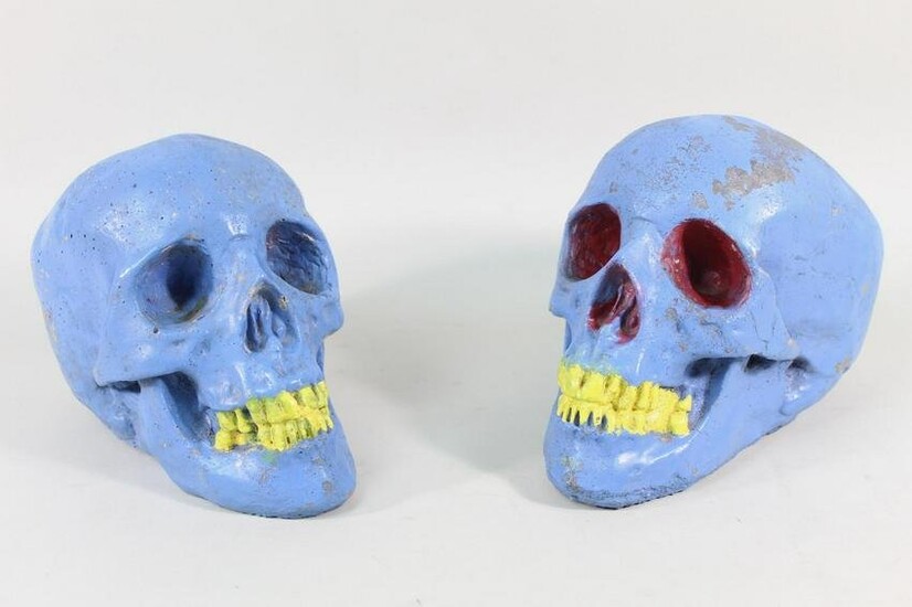 Pair of Pop-Art Painted Concrete Skull Sculptures