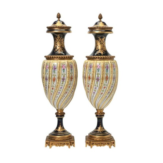Pair of Sevres Style Covered Urns.