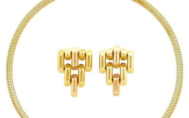 Pair of Two-Color Gold Clips and Laykin et Cie Gold Snake Chain Necklace