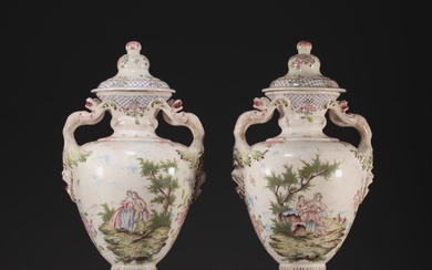 Pair of covered vases in Marseille earthenware, marked JR for...