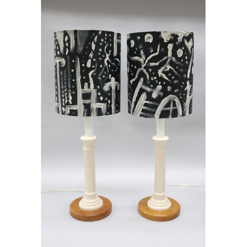 Pair of decorative cream column form lamps with unusual cust...