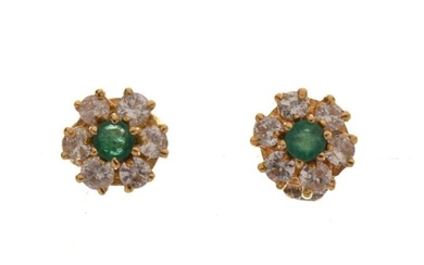 Pair of diamond and emerald cluster ear studs, set...