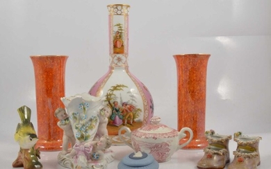 Pair of orange lustre vases, transfer printed scenic bottle neck vase, Wedgwood jasper etc.
