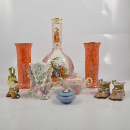 Pair of orange lustre vases, transfer printed scenic bottle neck vase, Wedgwood jasper etc.