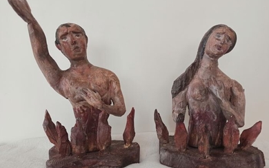 Pair of wooden / damned sculptures (2) - Wood - 18th century