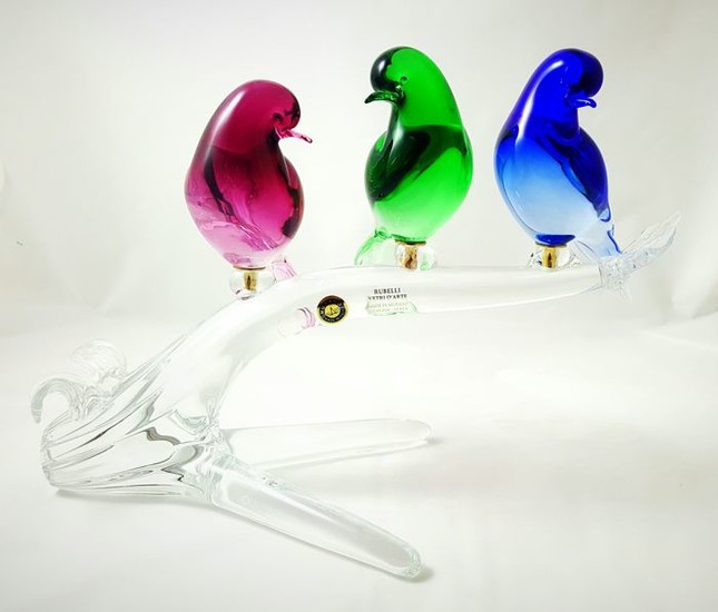 Paolo Rubelli - Murano, Rubelli Vetri D'Arte - Branch with 3 colorful birds (35 cm)