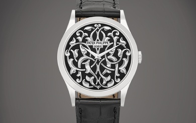 Patek Philippe Calatrava, Reference 5088 | A platinum wristwatch with hand-engraved champlevé black enamel dial, Circa 2021 | 百達翡麗 | CALATRAVA 型號5088 | 鉑金腕錶，備手工雕刻黑色內填琺琅錶盤，約2021年製