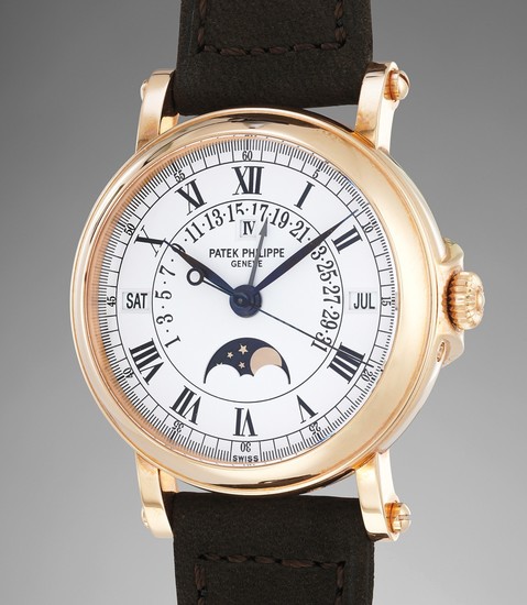 Patek Philippe, Ref. 5059 An attractive and rare pink gold perpetual calendar wristwatch with retrograde date and "officer"-style hinged caseback with certificate of origin