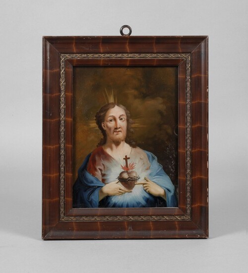 Peinture sous verreTirschenreuth, vers 1850, gouache sur verre, portrait en demi-figure du Christ au cœur...