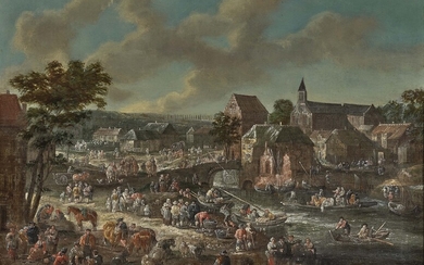 Peter Casteels le Jeune.1650 Anvers - 1701 ibid, Circonférence Scène de marché au bord de...
