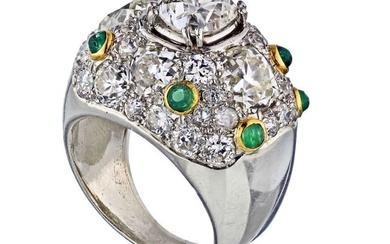 Platinum 4.60 Carat Old Cut Diamonds Green Emeralds Dome Ring