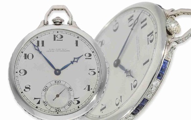 Pocket watch: exquisite Art Déco platinum dress watch, set with diamonds and sapphires, movement in top Geneva quality, Long.Time.Watch Co. Geneva./Calibre Piguet, ca. 1925