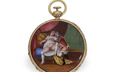 Pocket watch: important enamel watch with erotic scene, repeater and ruby cylinder escapement, Allegre Toulon, ca. 1830