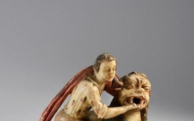 Polychrome carved alabaster group, representing Samson and the Lion. (Accident to Samson's hand, polychrome wear).