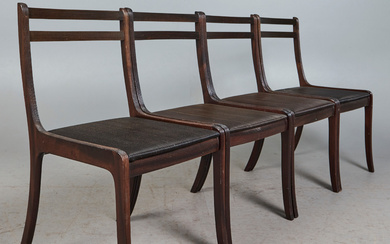 Poul Jeppesen, four chairs/dining room chairs, mahogany, fabric, 1960s, Denmark (4).