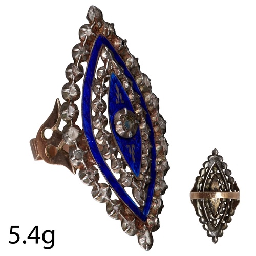 RARE ANTIQUE GEORGIAN DIAMOND AND ENAMEL RING, of marquise s...