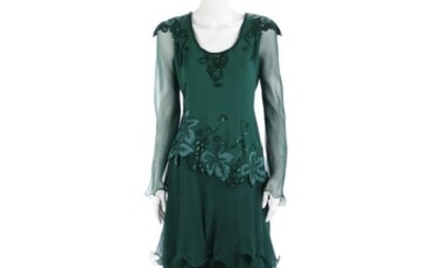 Renato Balestra, Green chiffon dress with long sleeves and rhinestones.