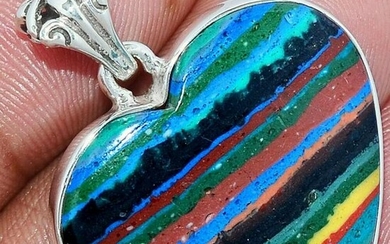 Rainbow Calsilica Stone & Sterling Heart Pendant