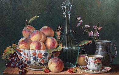 Raymond Campbell (British 1956-) Still life with a bowl of peaches and a decanter