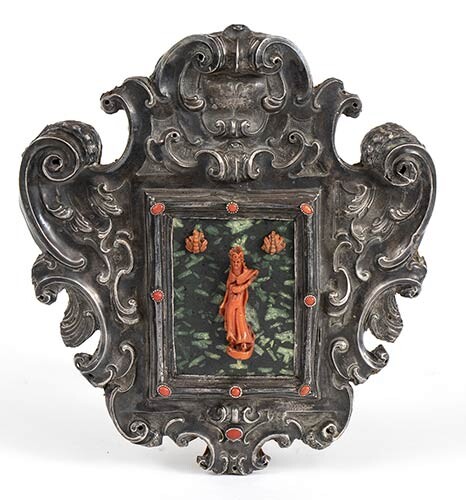 Red Mediterranean coral (Corallium Rubrum) carving with Baroque silver frame,...
