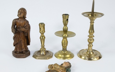 Religion items, 17th century wooden statue of John under the cross, 19th century polychrome terracotta angel and three candlesticks (17th (2) and 18th (1) century)