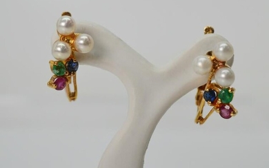 Retro Sapphire Emerald Ruby Pearl Cluster Earrings